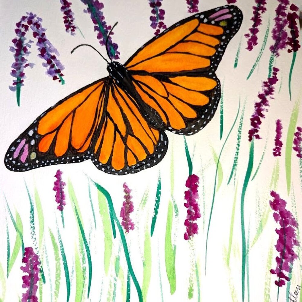 Original Watercolor Painting Monarch Butterfly on Lavender Kentucky Framed 18x22